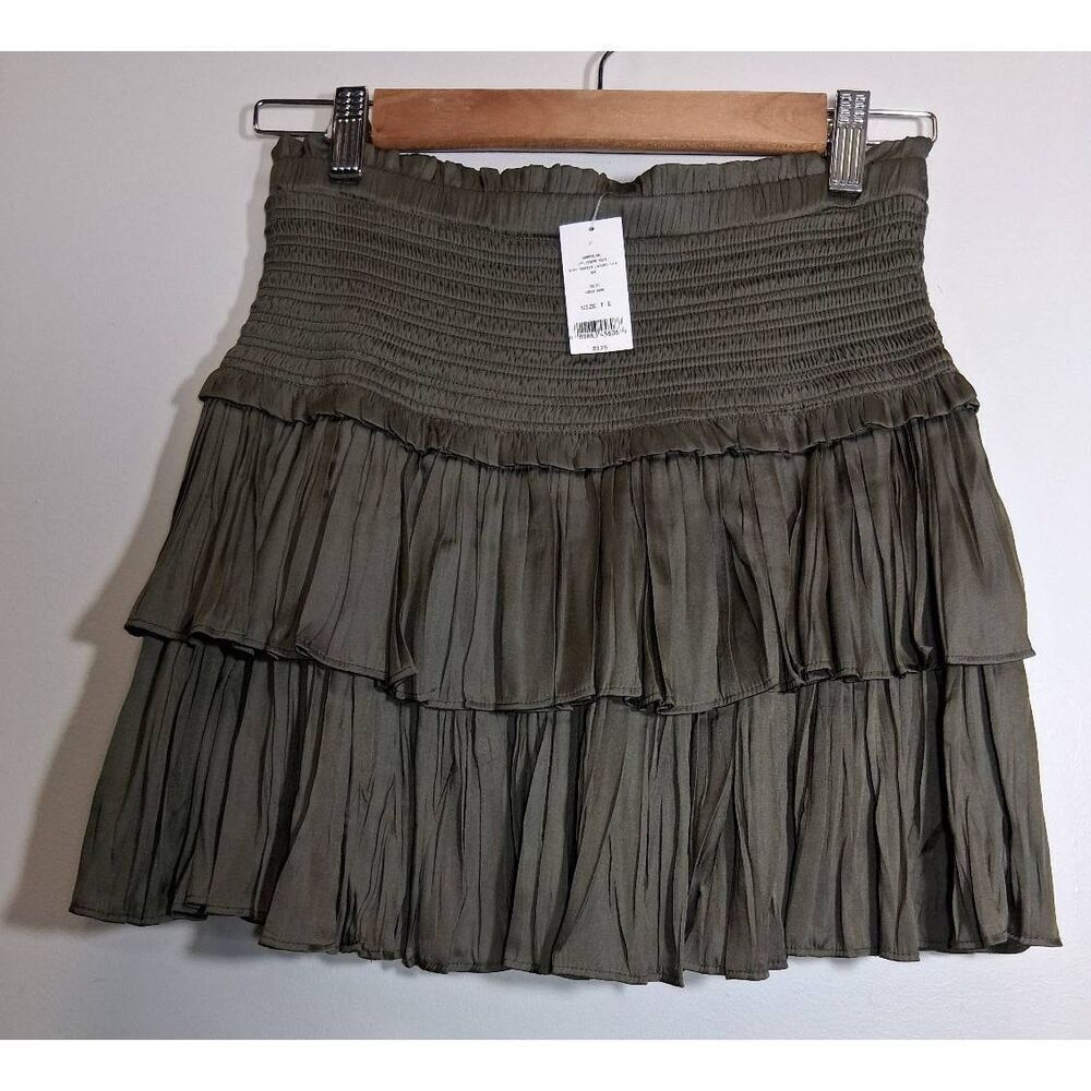 Summerland womens small mini skirt olive green smocked tiered boho